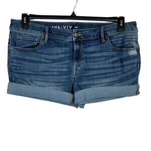 Ava & Viv SZ 18W Midi Jean Shorts Cuffed Stretch Mid-Rise Zip-Fly Whiskered Blue